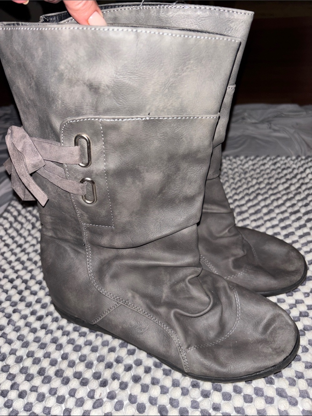 Gray Suede Mid-Calf Boots with Tie Detail
size 8